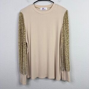 Crepe Myrtle Shirt‎ Womens XL Beige Leopard Print Velvet Burnout Sleeve Boho